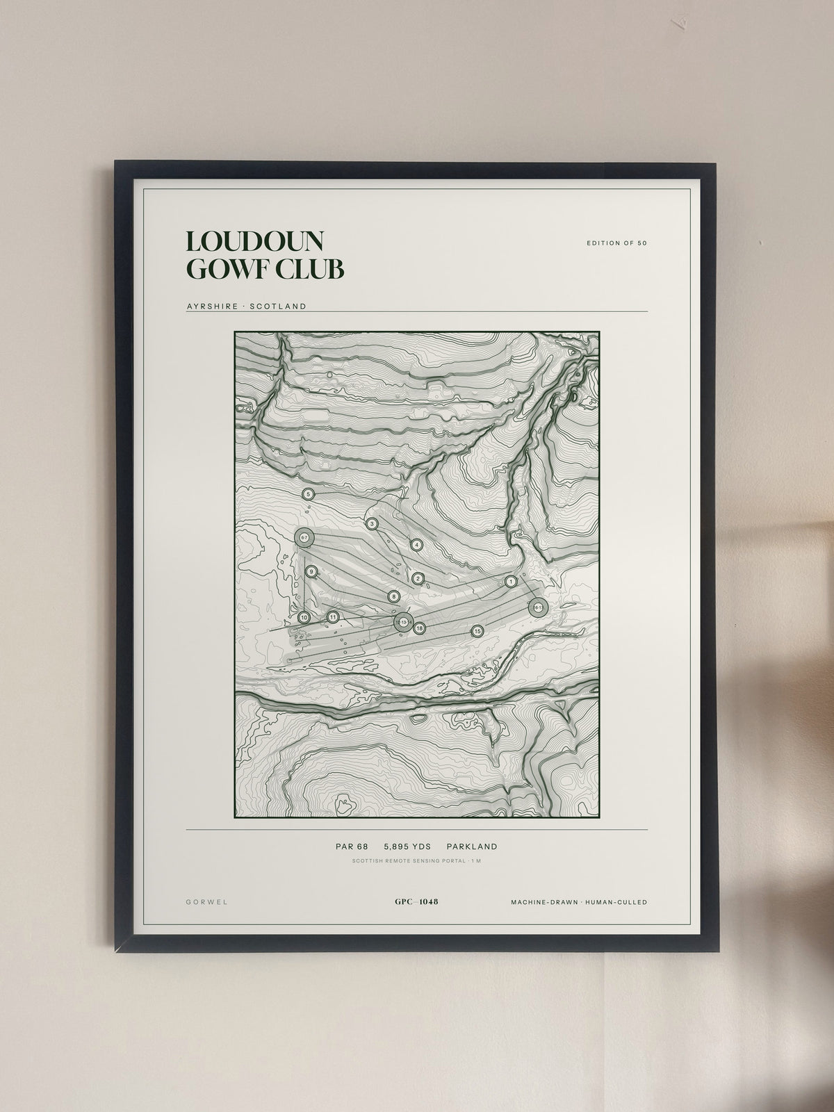 Loudoun Gowf Club topographic golf course print — framed on a wall — Gorwel Print Co