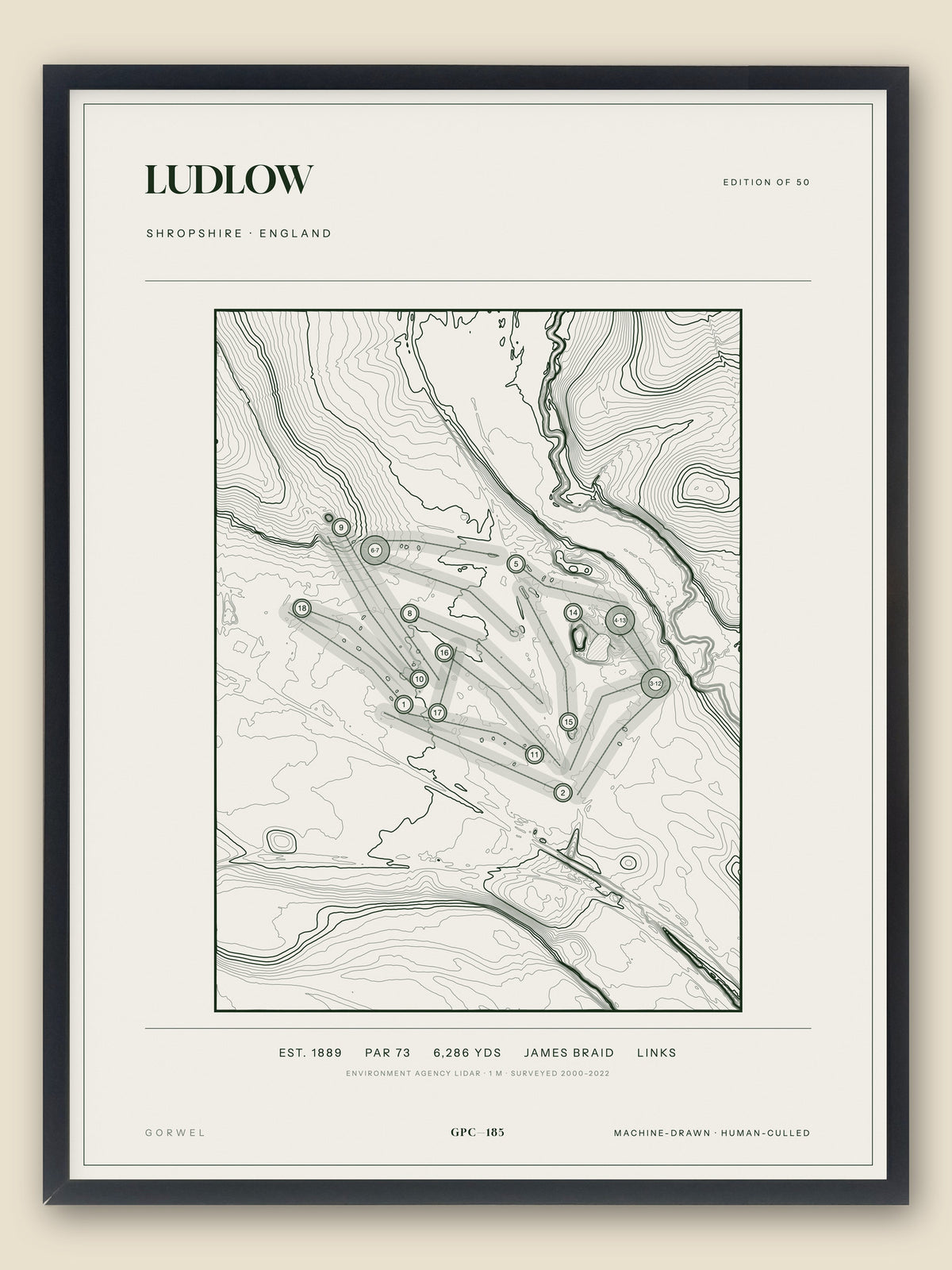 Ludlow, Shropshire topographic golf course print, framed — Gorwel Print Co