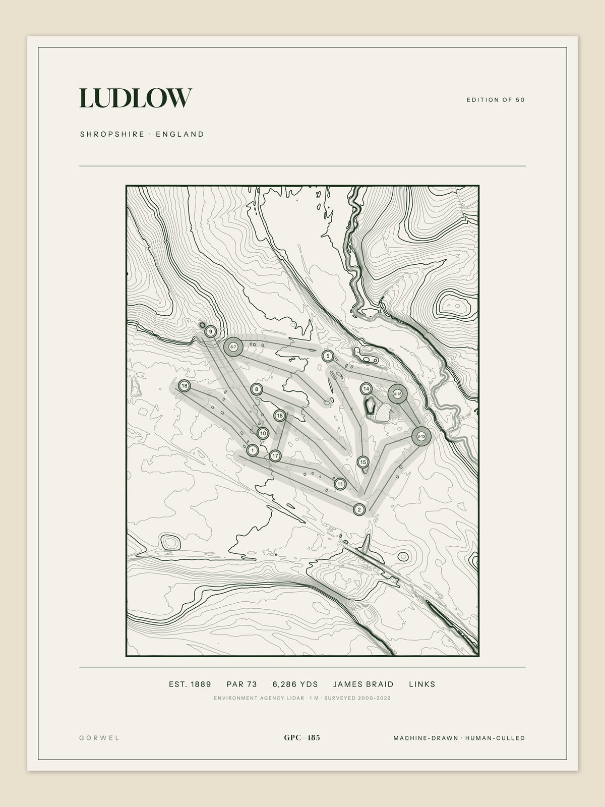 Ludlow, Shropshire topographic golf course print