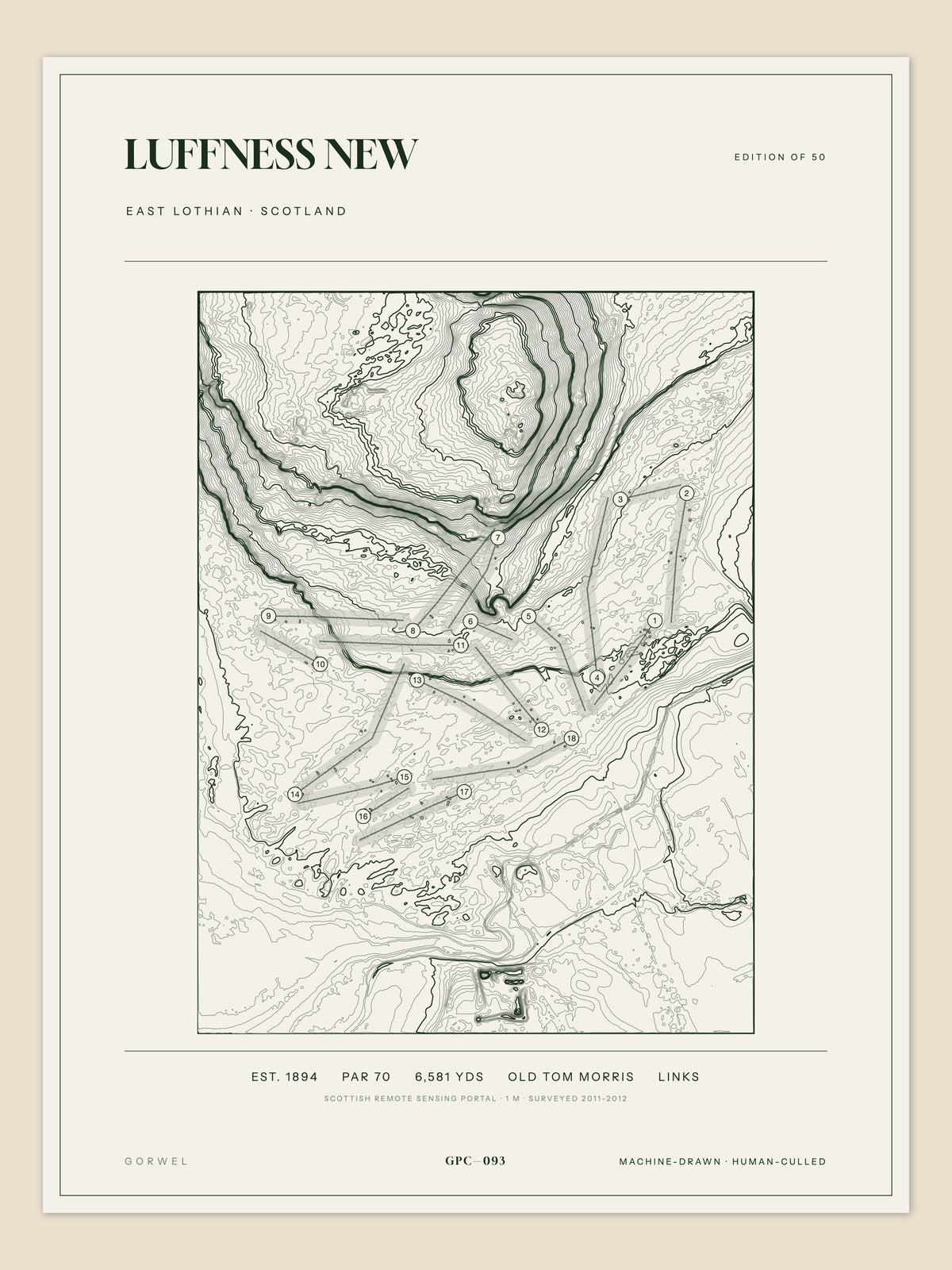 Luffness New topographic golf course print — unframed sheet — Gorwel Print Co