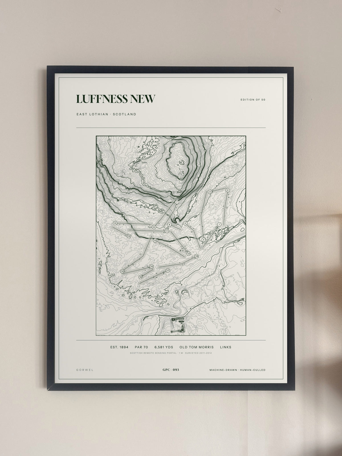 Luffness New topographic golf course print — framed on a wall — Gorwel Print Co