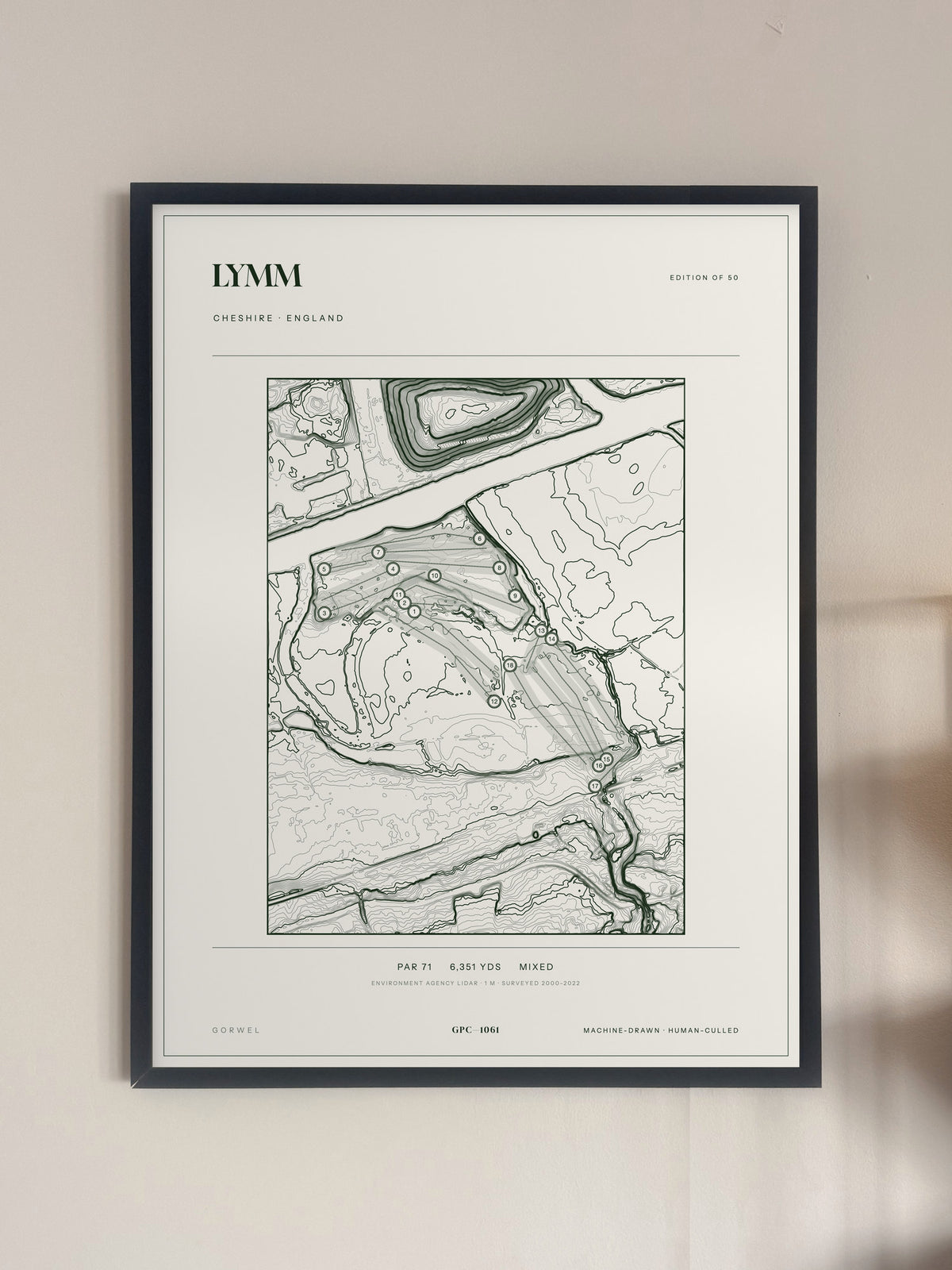 Lymm topographic golf course print — framed on a wall — Gorwel Print Co