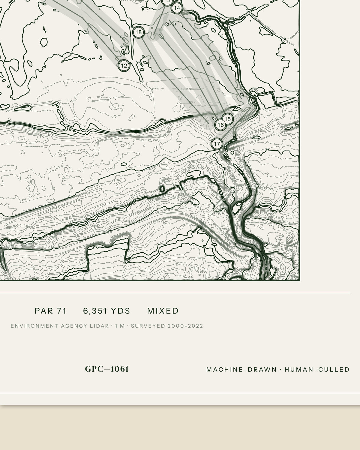 Lymm topographic golf course print — data strip and edition mark — Gorwel Print Co