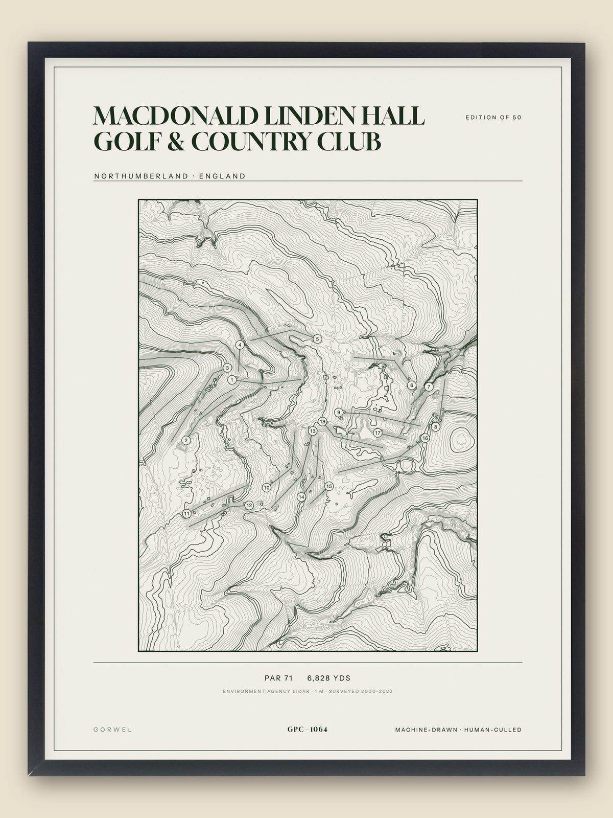 Macdonald Linden Hall Golf & Country Club, Northumberland topographic golf course print, framed — Gorwel Print Co