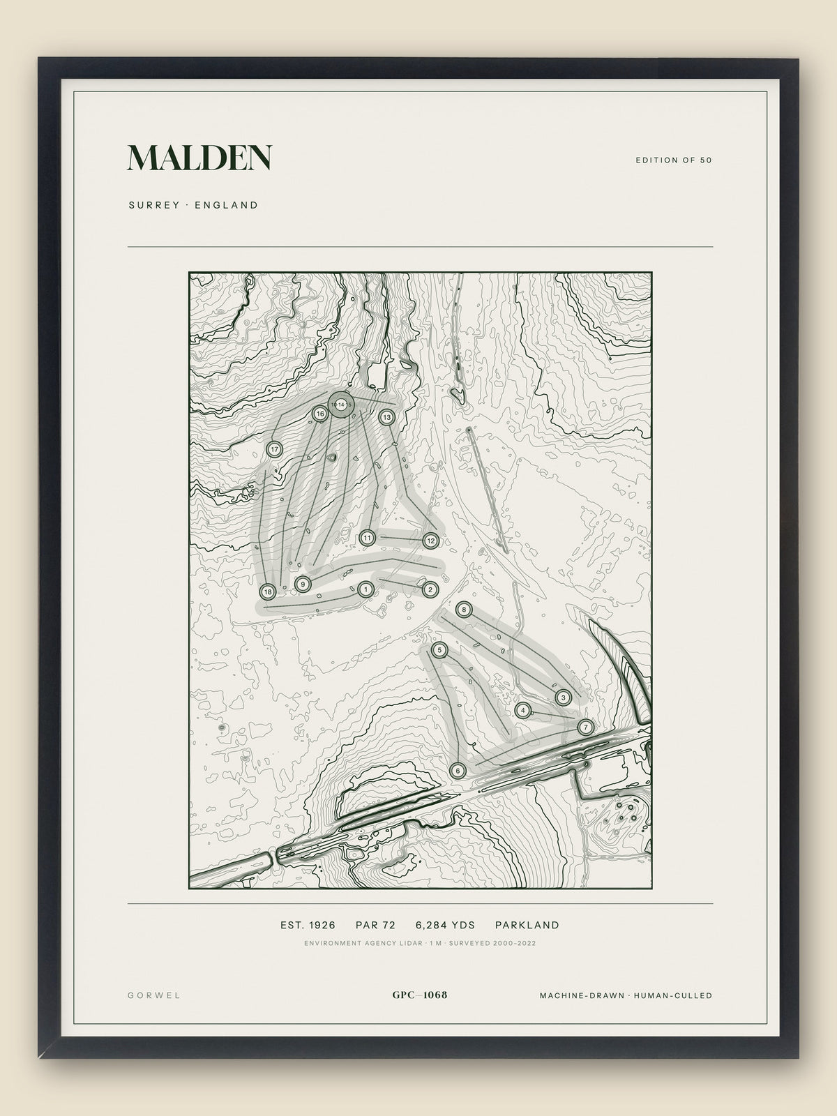 Malden, Surrey topographic golf course print, framed — Gorwel Print Co