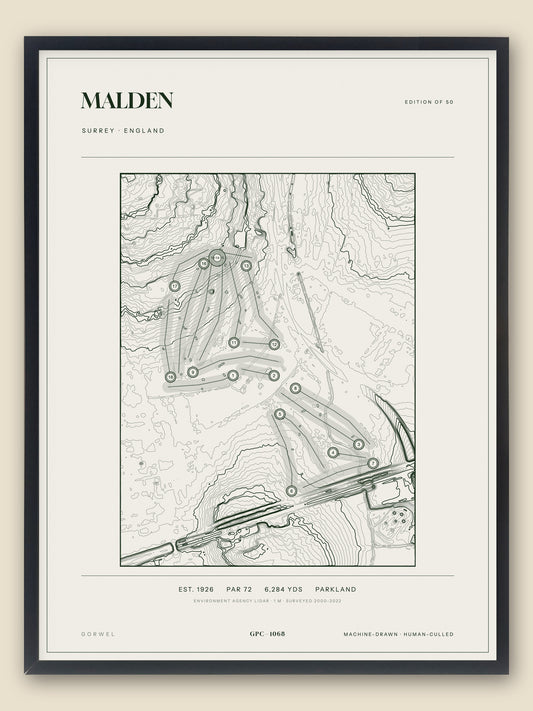 Malden, Surrey topographic golf course print, framed — Gorwel Print Co