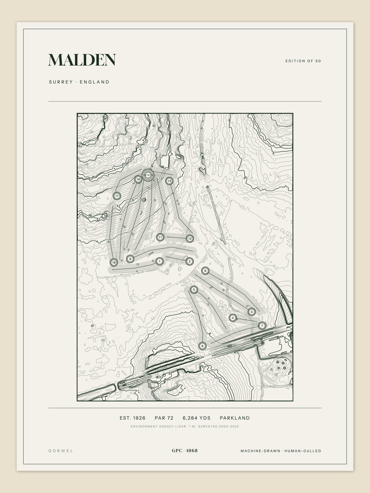 Malden, Surrey topographic golf course print