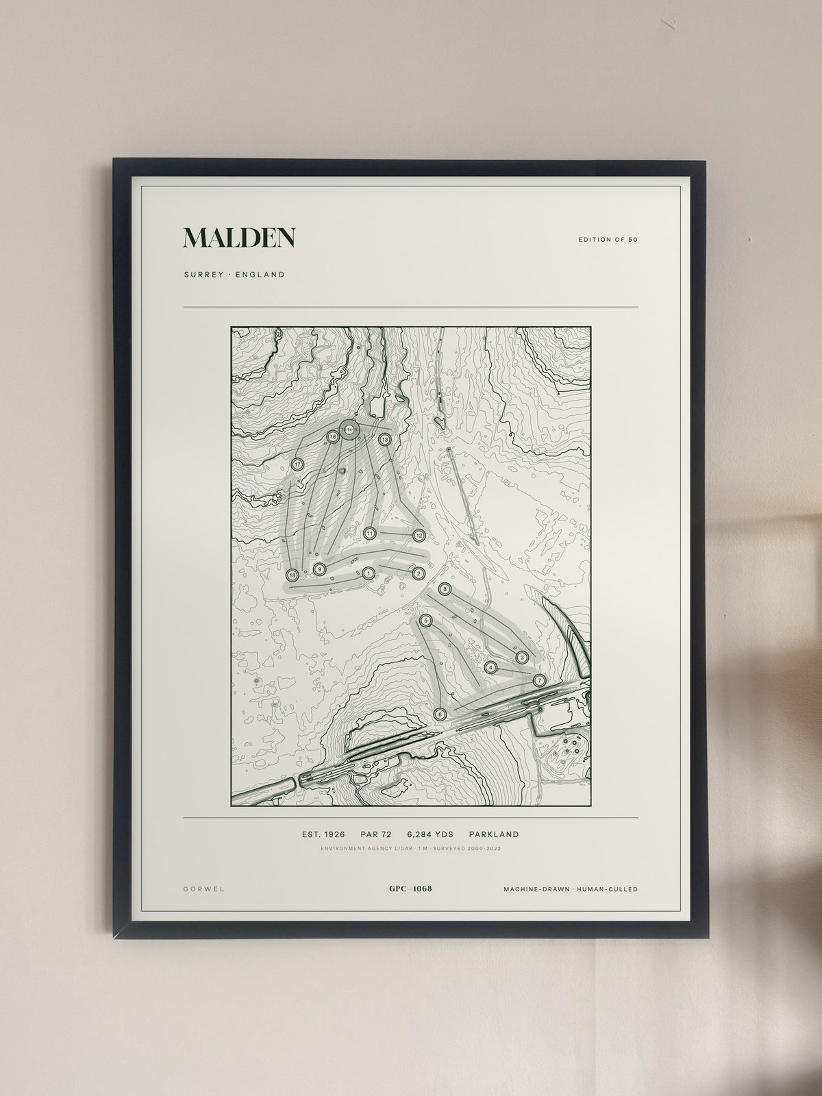 Malden, Surrey print, framed, on a wall