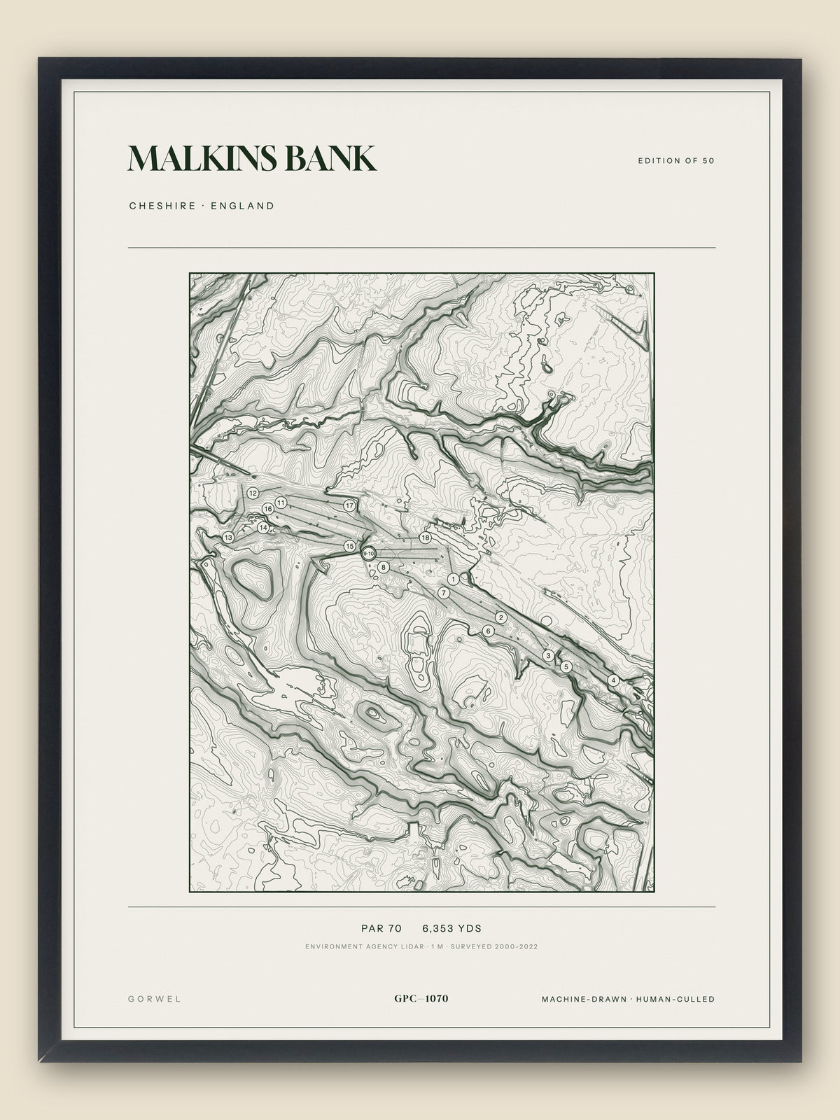 Malkins Bank, Cheshire topographic golf course print, framed — Gorwel Print Co