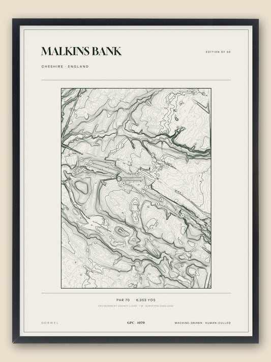 Malkins Bank, Cheshire topographic golf course print, framed — Gorwel Print Co