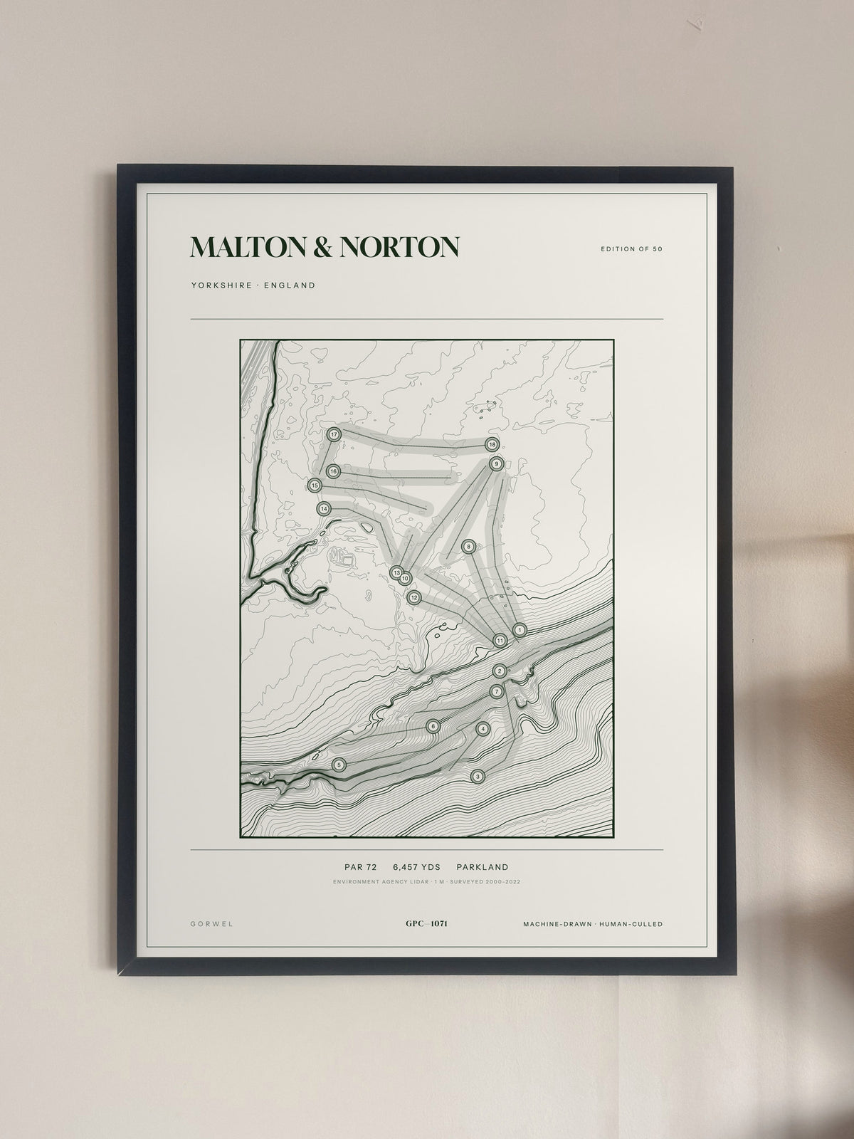 Malton & Norton topographic golf course print — framed on a wall — Gorwel Print Co