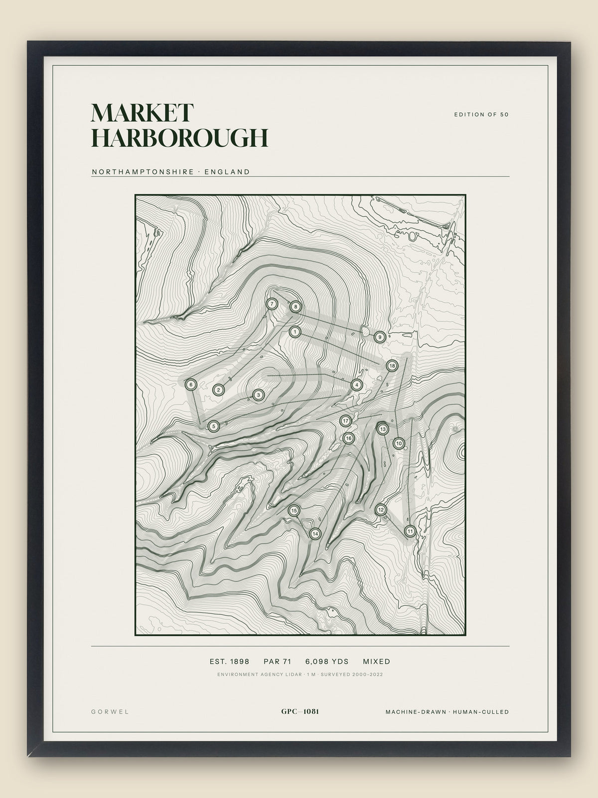 Market Harborough, Northamptonshire topographic golf course print, framed — Gorwel Print Co