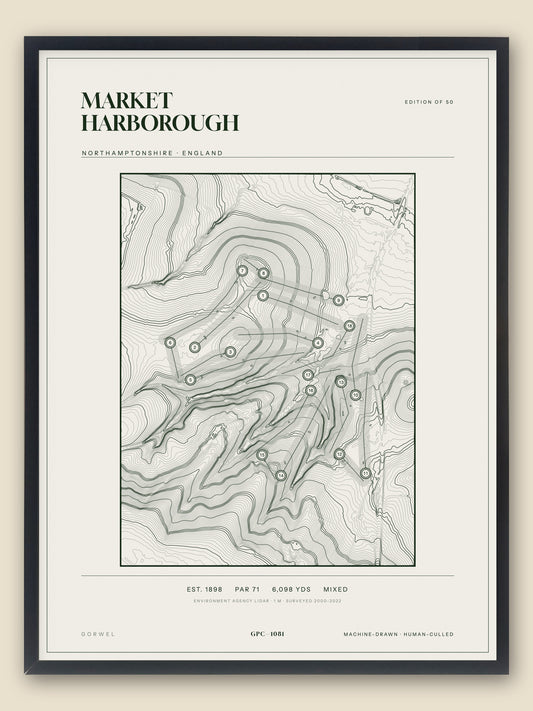 Market Harborough, Northamptonshire topographic golf course print, framed — Gorwel Print Co