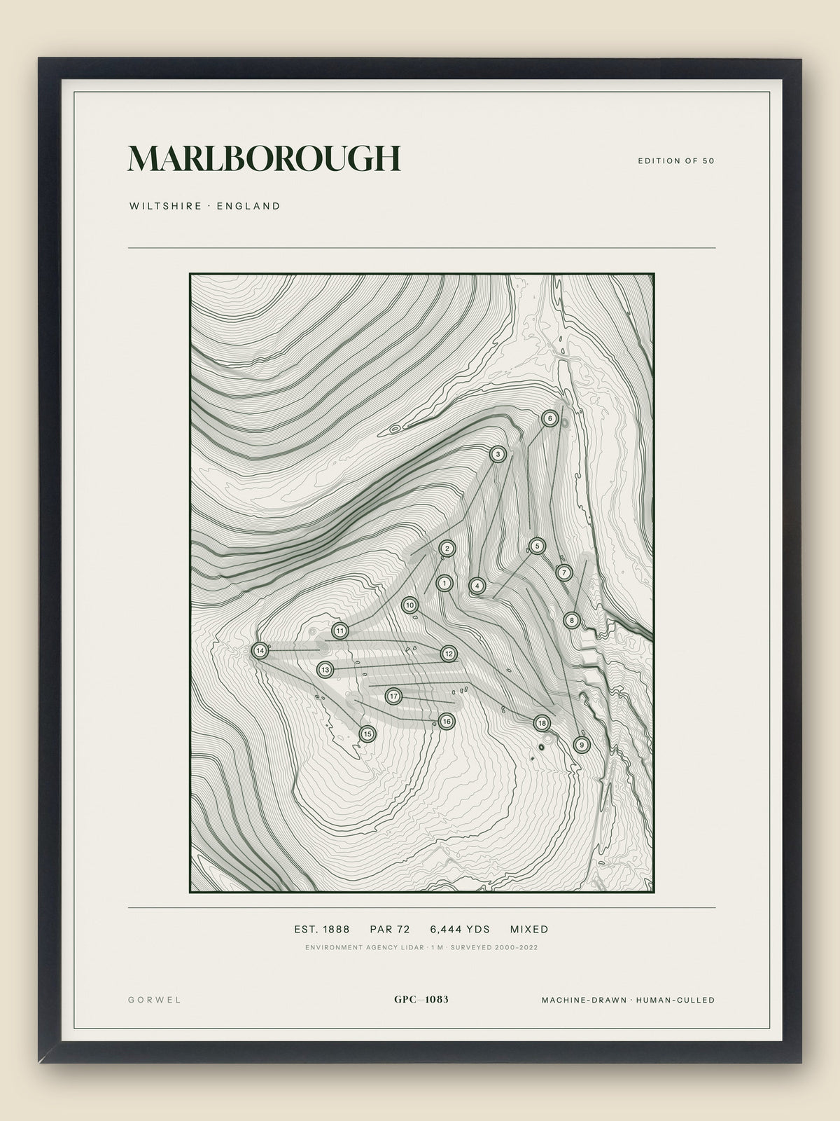 Marlborough, Wiltshire topographic golf course print, framed — Gorwel Print Co