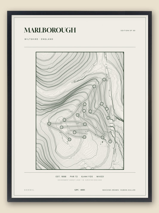Marlborough, Wiltshire topographic golf course print, framed — Gorwel Print Co
