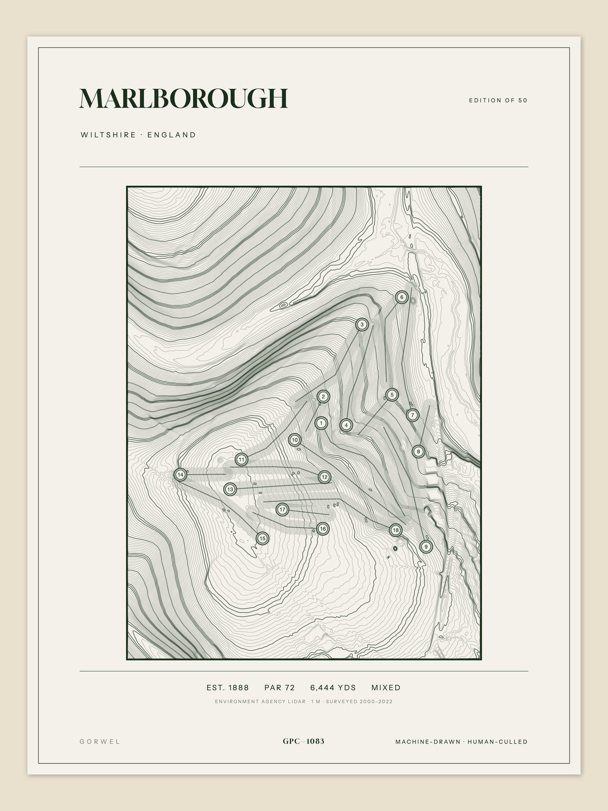 Marlborough, Wiltshire topographic golf course print