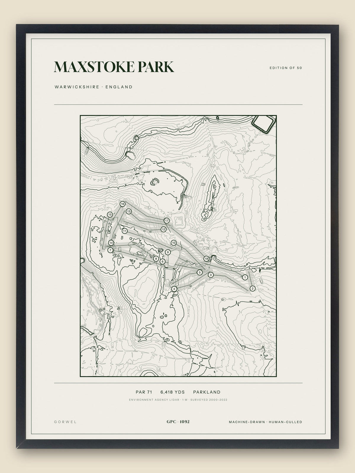 Maxstoke Park, Warwickshire topographic golf course print, framed — Gorwel Print Co