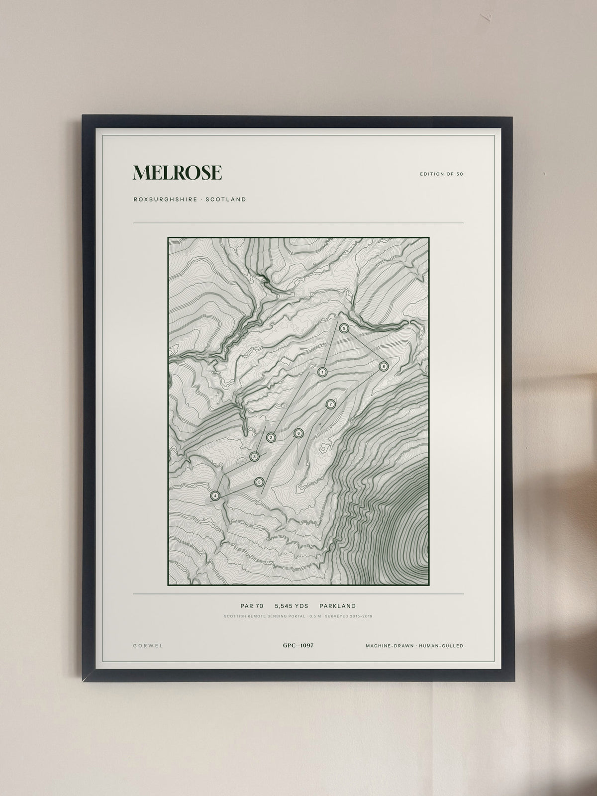 Melrose topographic golf course print — framed on a wall — Gorwel Print Co