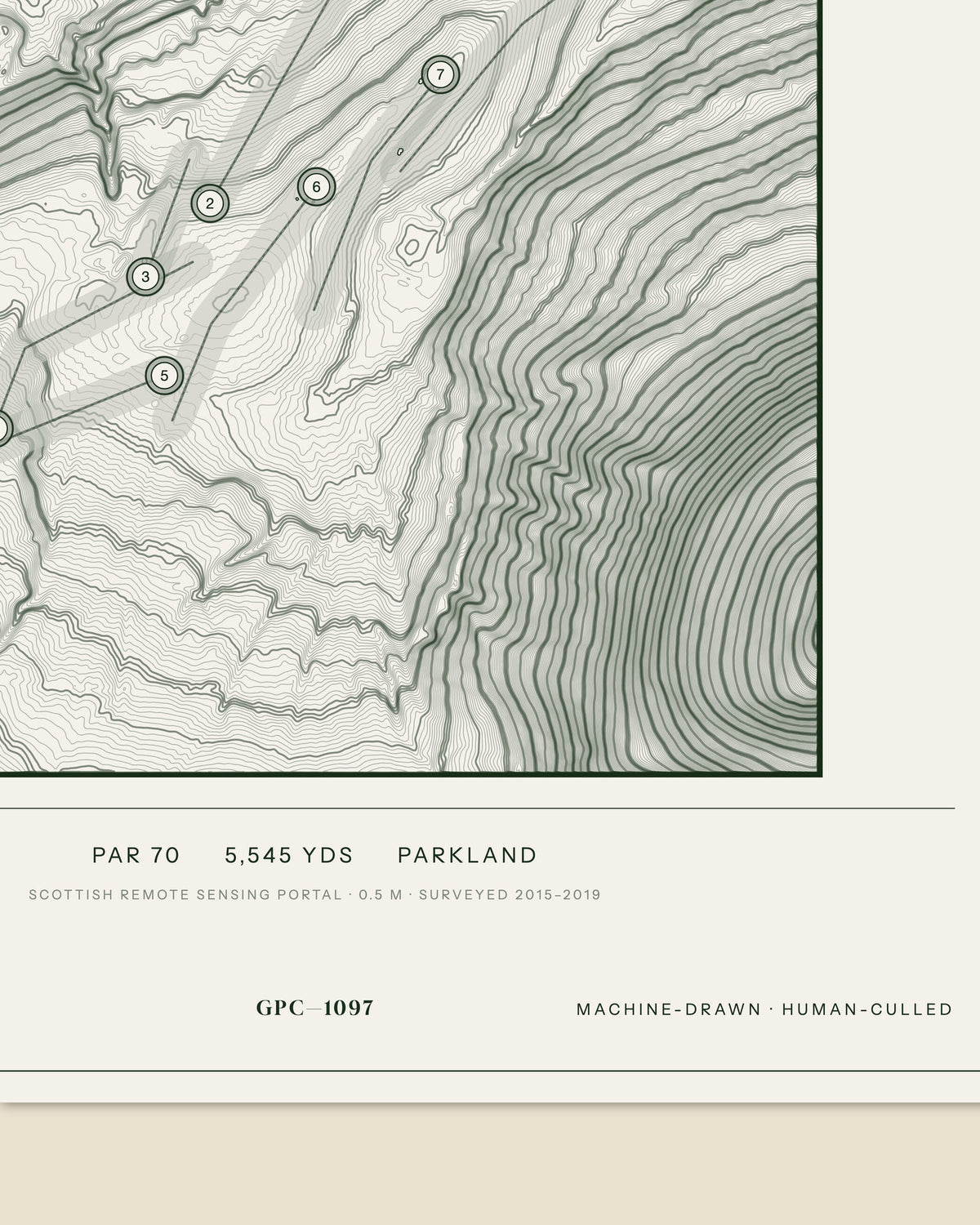 Melrose topographic golf course print — data strip and edition mark — Gorwel Print Co