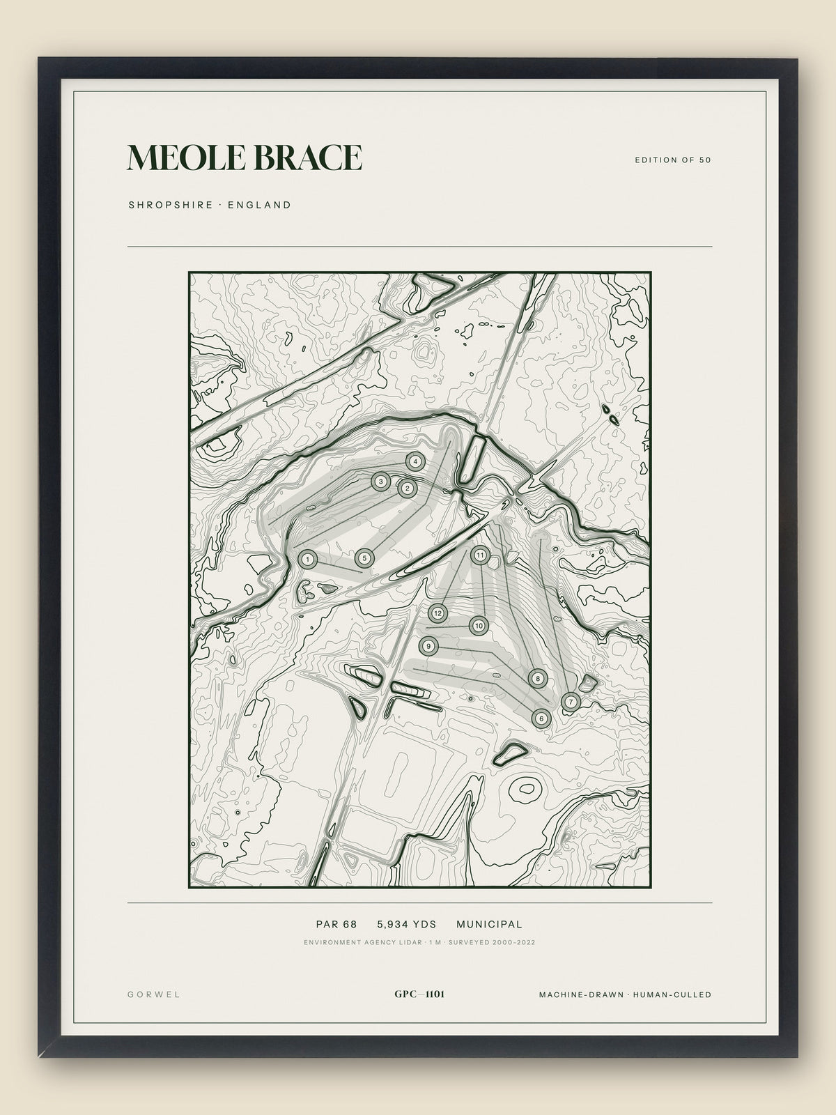 Meole Brace, Shropshire topographic golf course print, framed — Gorwel Print Co