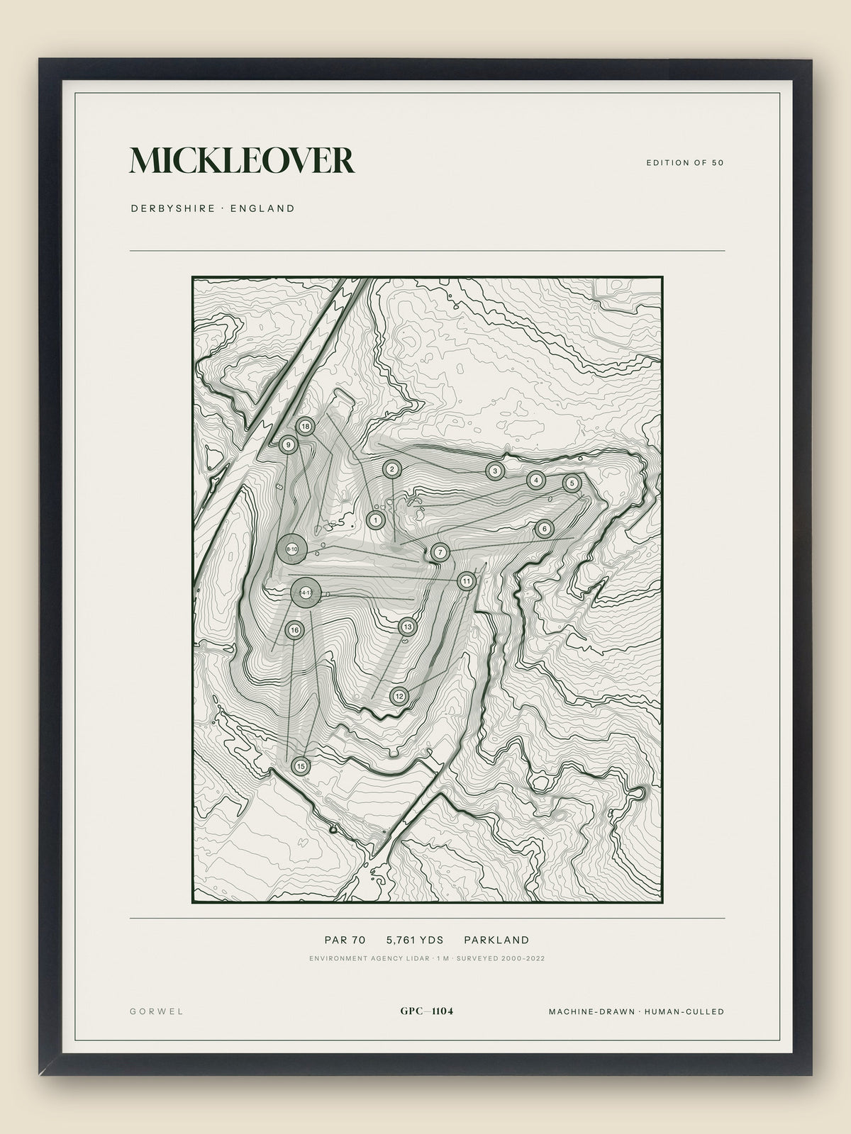 Mickleover, Derbyshire topographic golf course print, framed — Gorwel Print Co