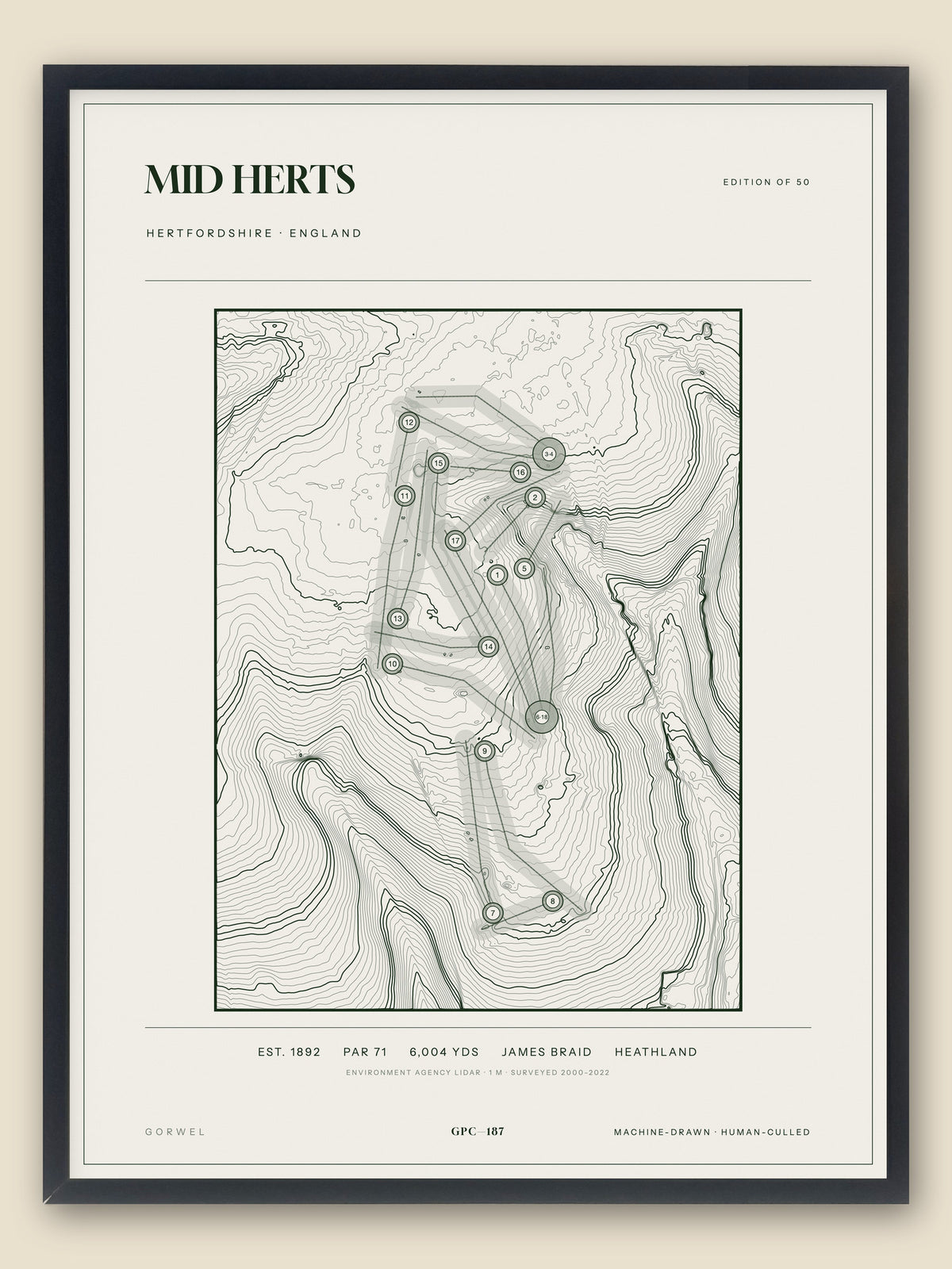 Mid Herts, Hertfordshire topographic golf course print, framed — Gorwel Print Co