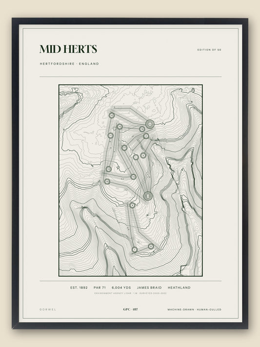 Mid Herts, Hertfordshire topographic golf course print, framed — Gorwel Print Co