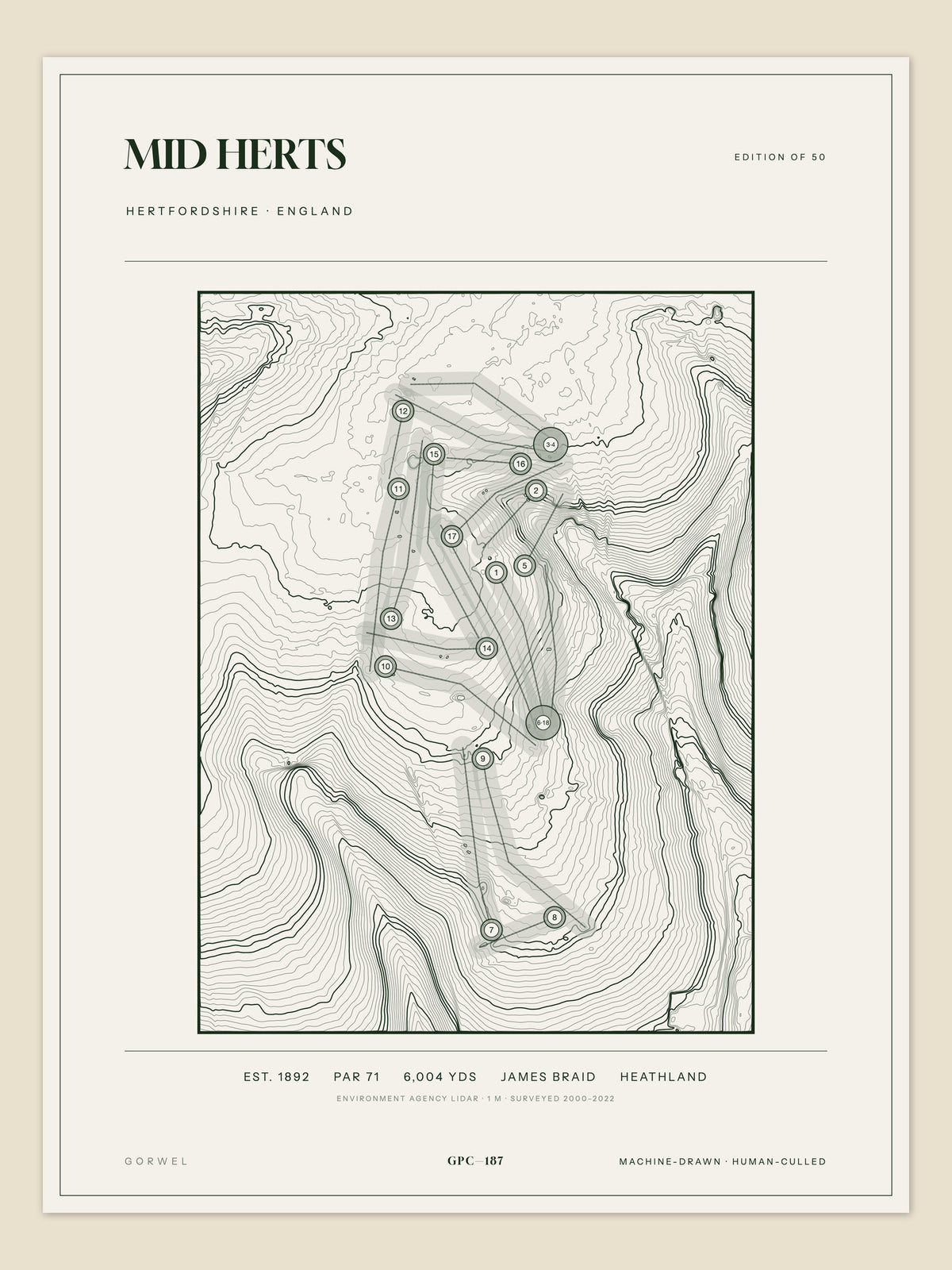 Mid Herts, Hertfordshire topographic golf course print