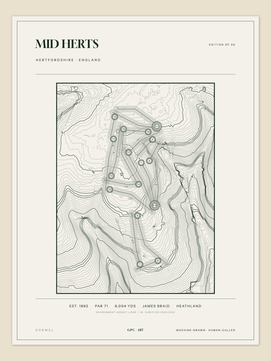 Mid Herts, Hertfordshire topographic golf course print