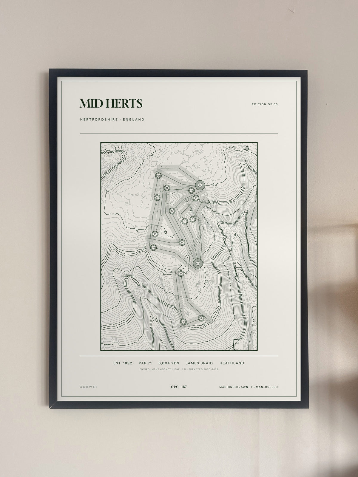 Mid Herts, Hertfordshire print, framed, on a wall