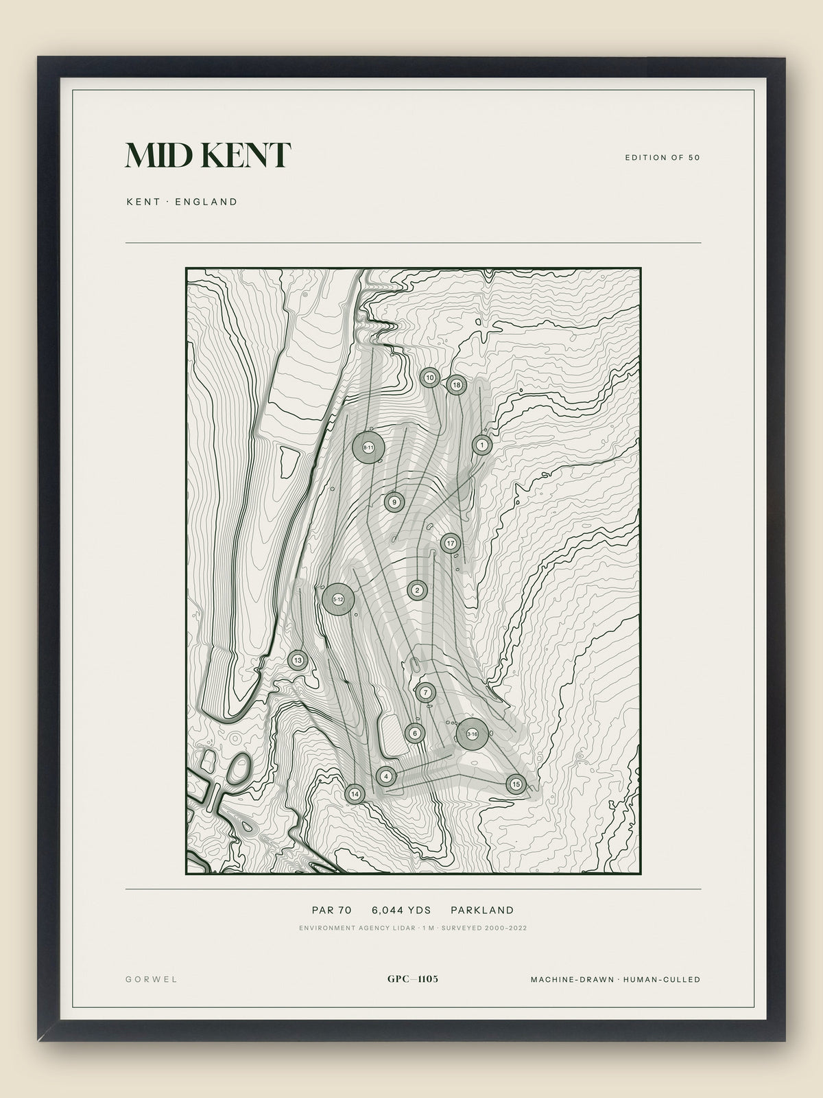 Mid Kent, Kent topographic golf course print, framed — Gorwel Print Co