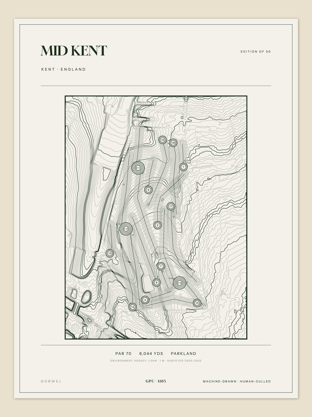 Mid Kent, Kent topographic golf course print