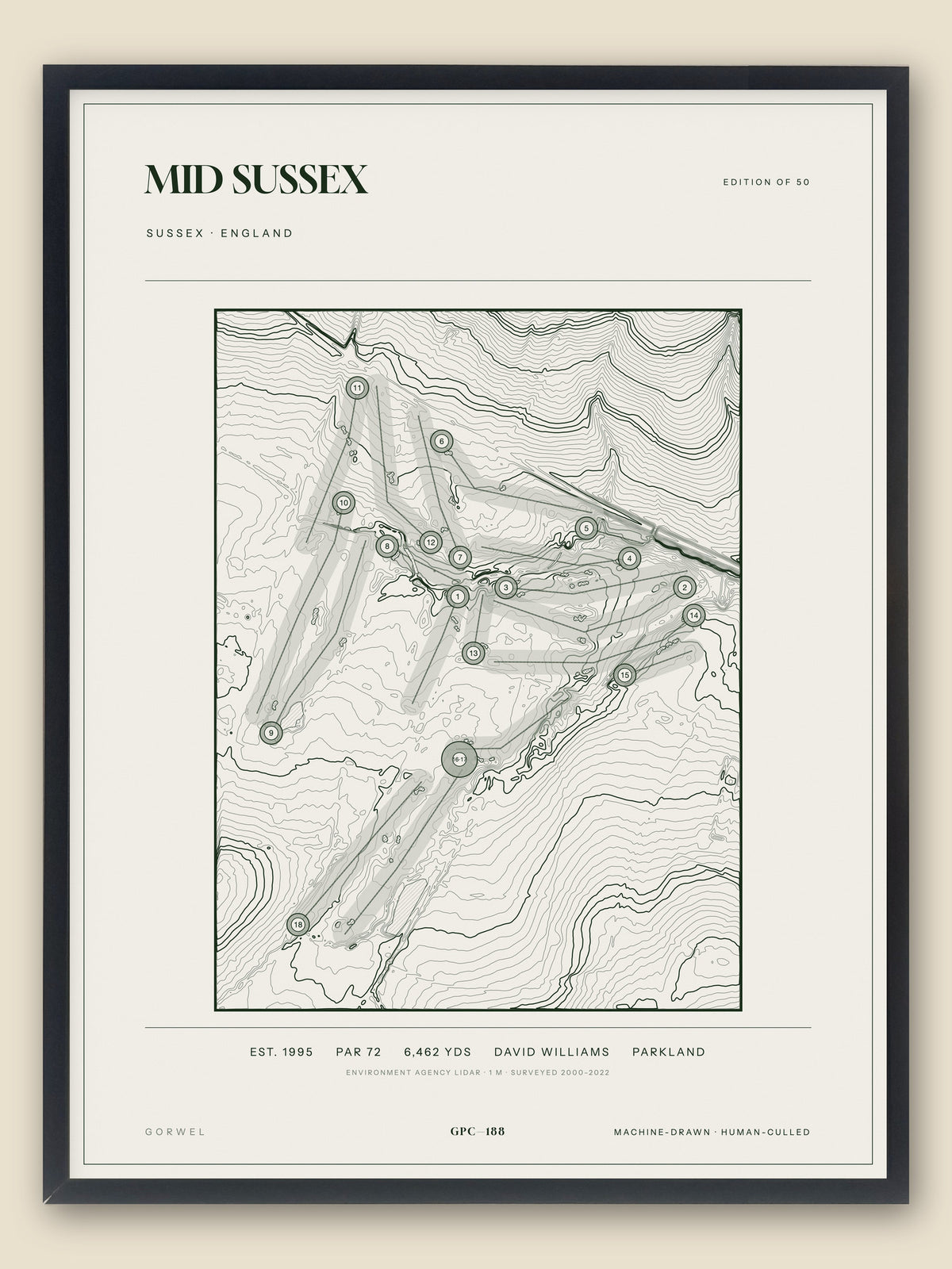 Mid Sussex, Sussex topographic golf course print, framed — Gorwel Print Co