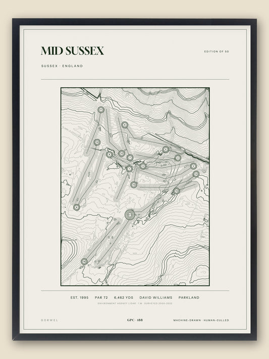 Mid Sussex, Sussex topographic golf course print, framed — Gorwel Print Co