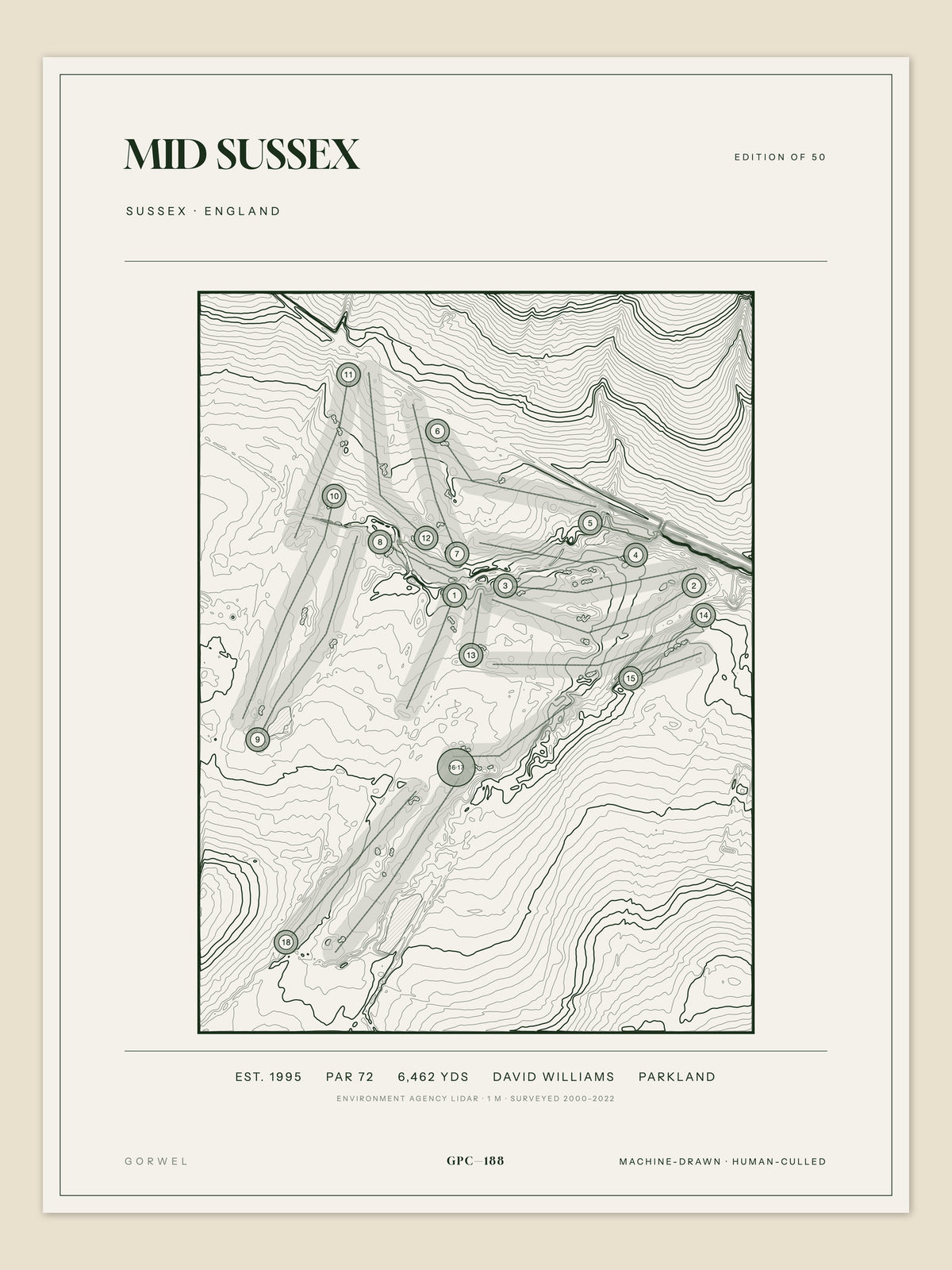Mid Sussex, Sussex topographic golf course print