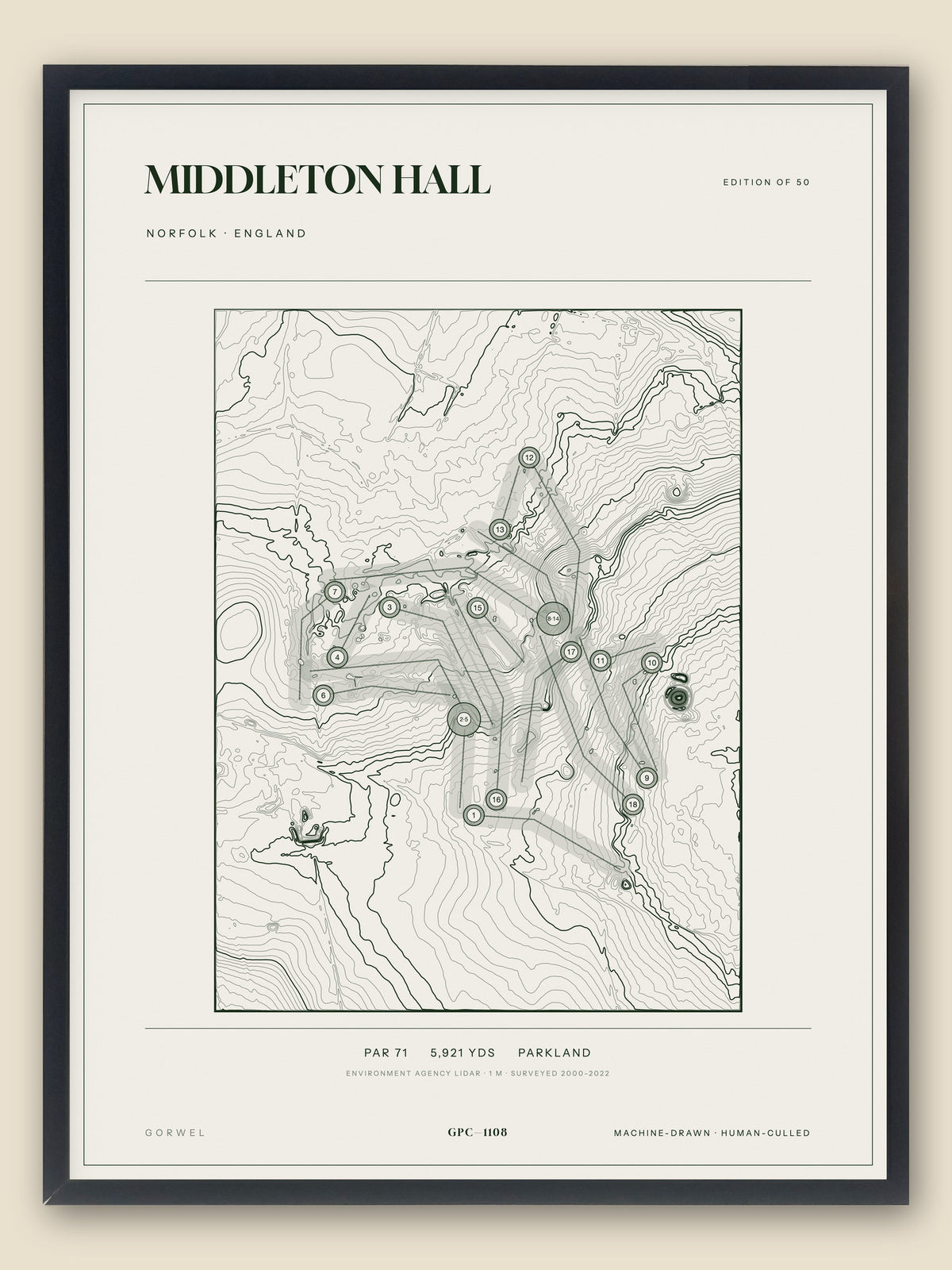 Middleton Hall, Norfolk topographic golf course print, framed — Gorwel Print Co