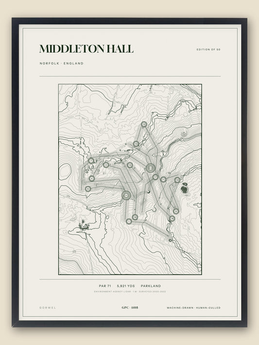 Middleton Hall, Norfolk topographic golf course print, framed — Gorwel Print Co
