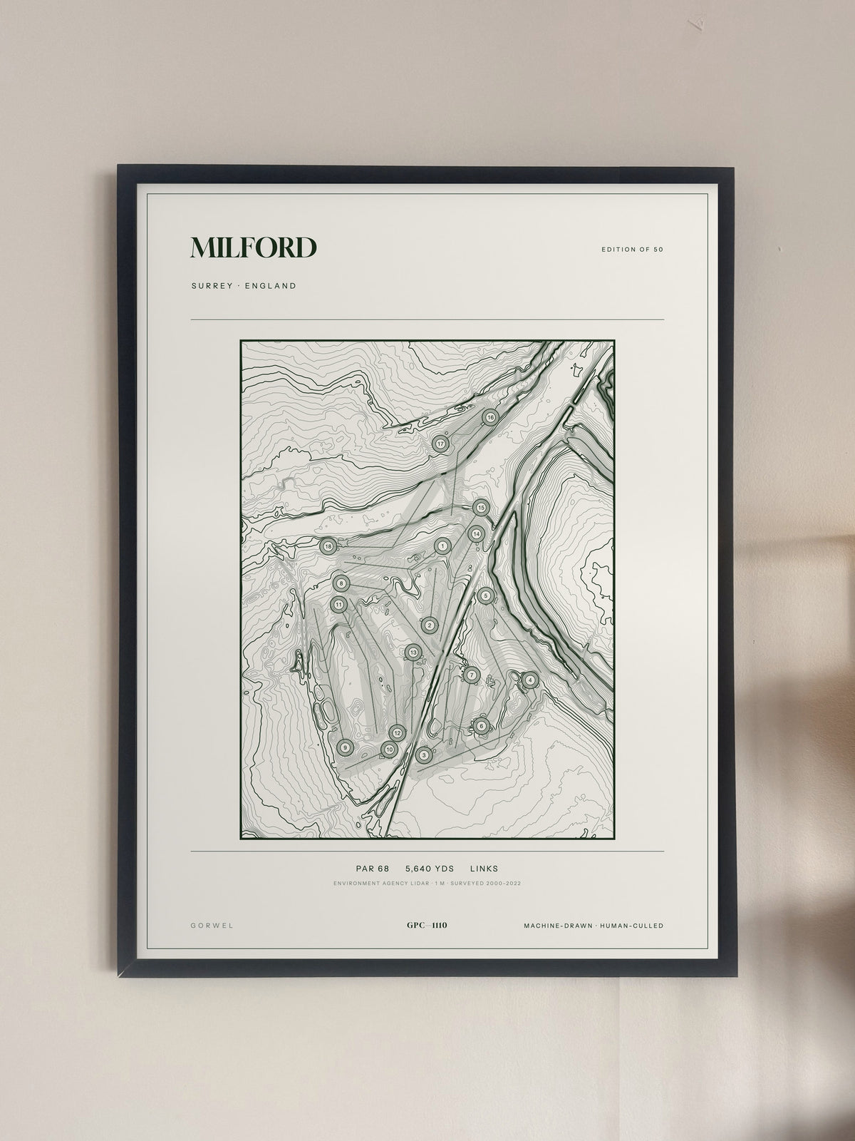 Milford topographic golf course print — framed on a wall — Gorwel Print Co