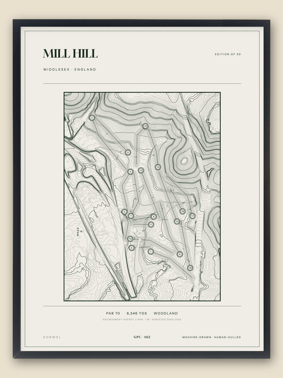 Mill Hill, Middlesex topographic golf course print, framed — Gorwel Print Co