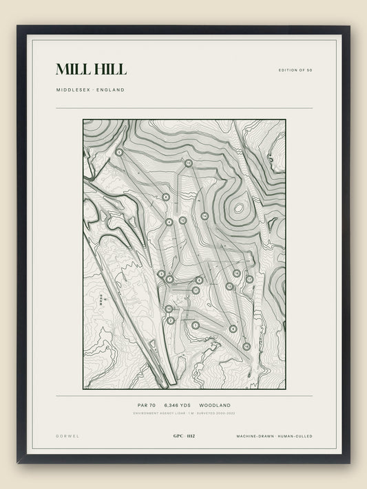 Mill Hill, Middlesex topographic golf course print, framed — Gorwel Print Co