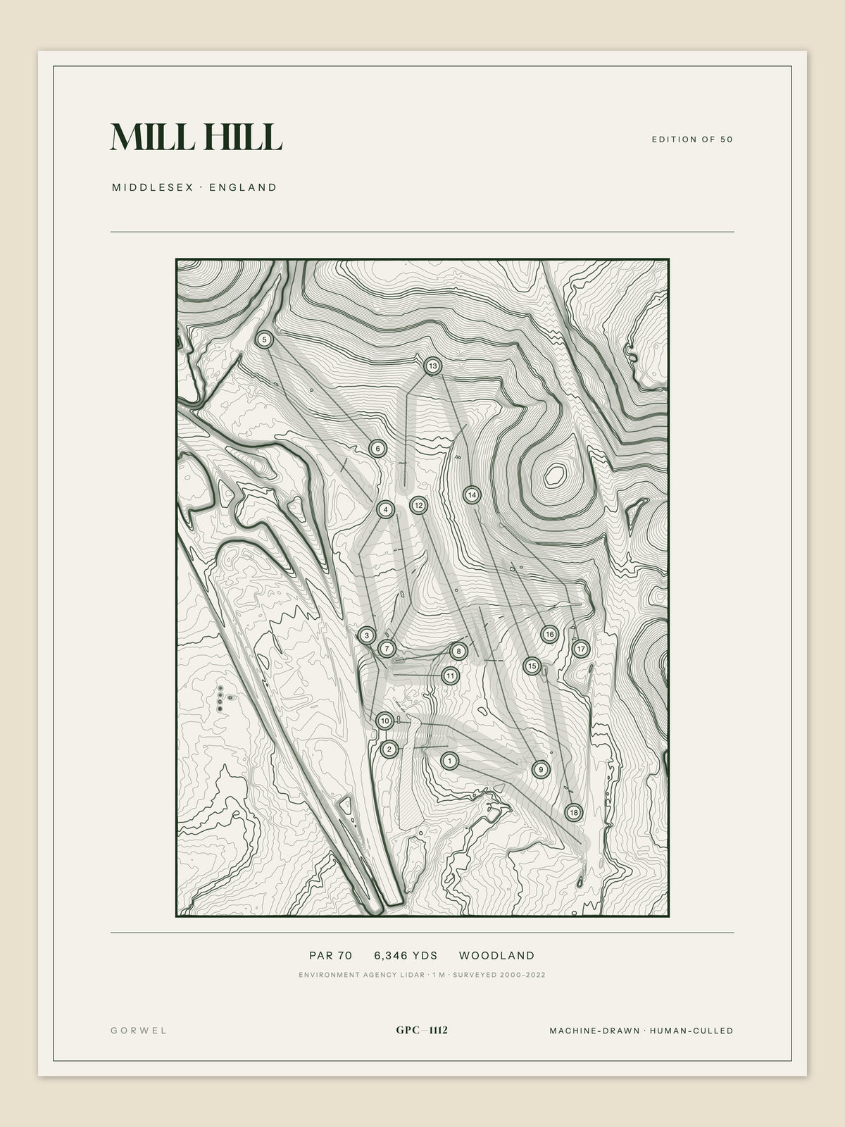 Mill Hill, Middlesex topographic golf course print