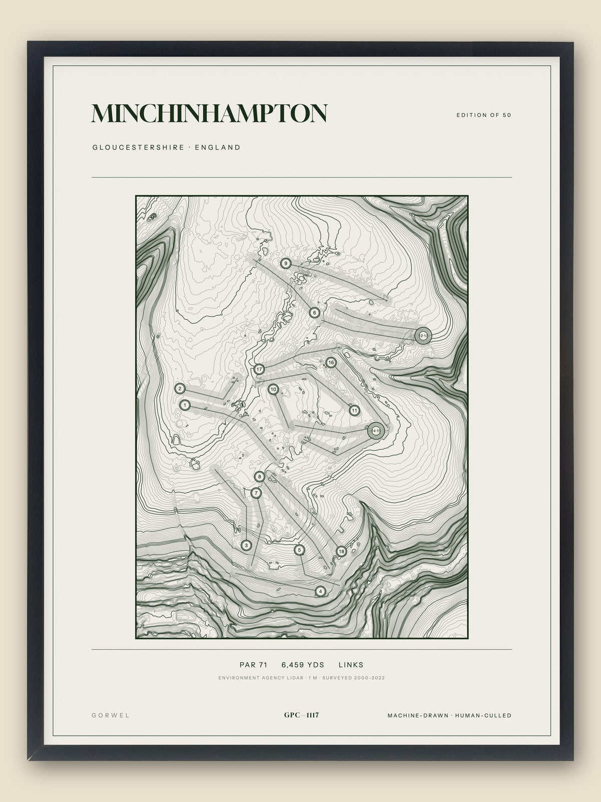 Minchinhampton, Gloucestershire topographic golf course print, framed — Gorwel Print Co