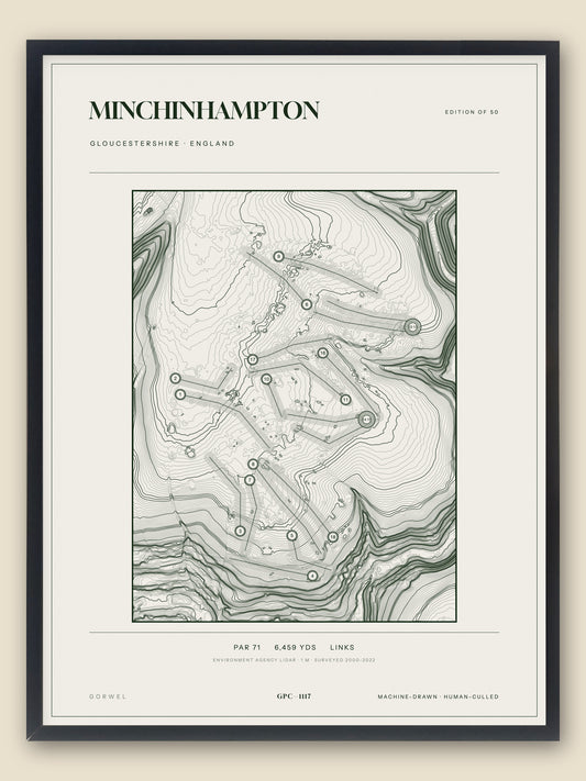 Minchinhampton, Gloucestershire topographic golf course print, framed — Gorwel Print Co