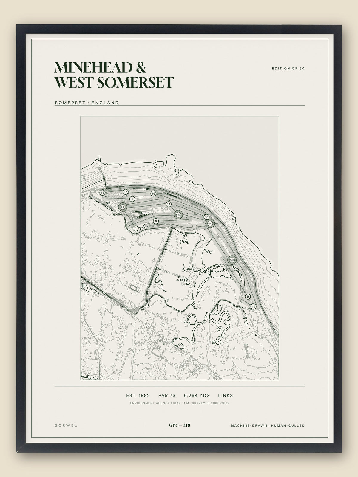Minehead & West Somerset, Somerset topographic golf course print, framed — Gorwel Print Co