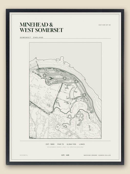 Minehead & West Somerset, Somerset topographic golf course print, framed — Gorwel Print Co