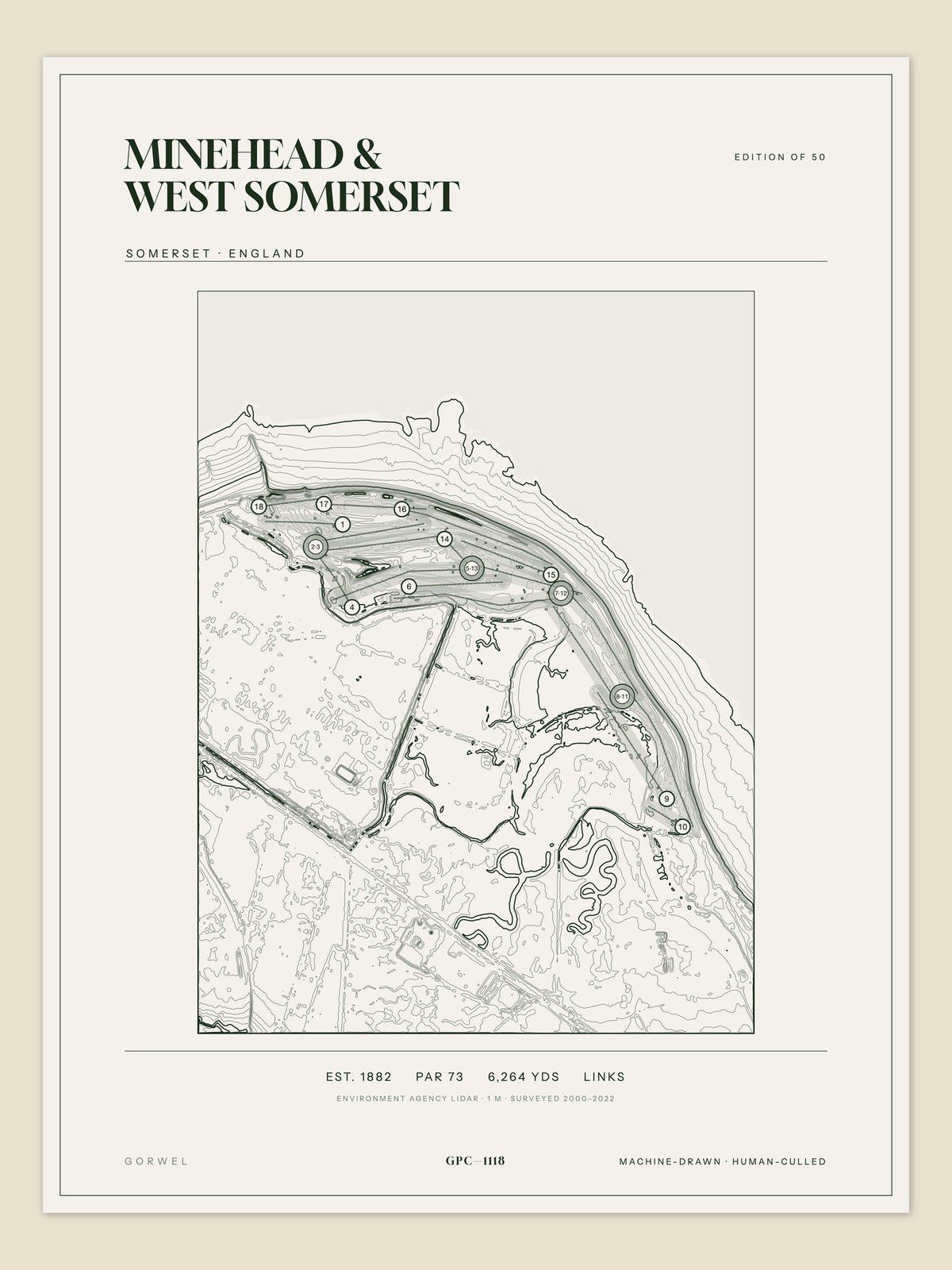 Minehead & West Somerset, Somerset topographic golf course print