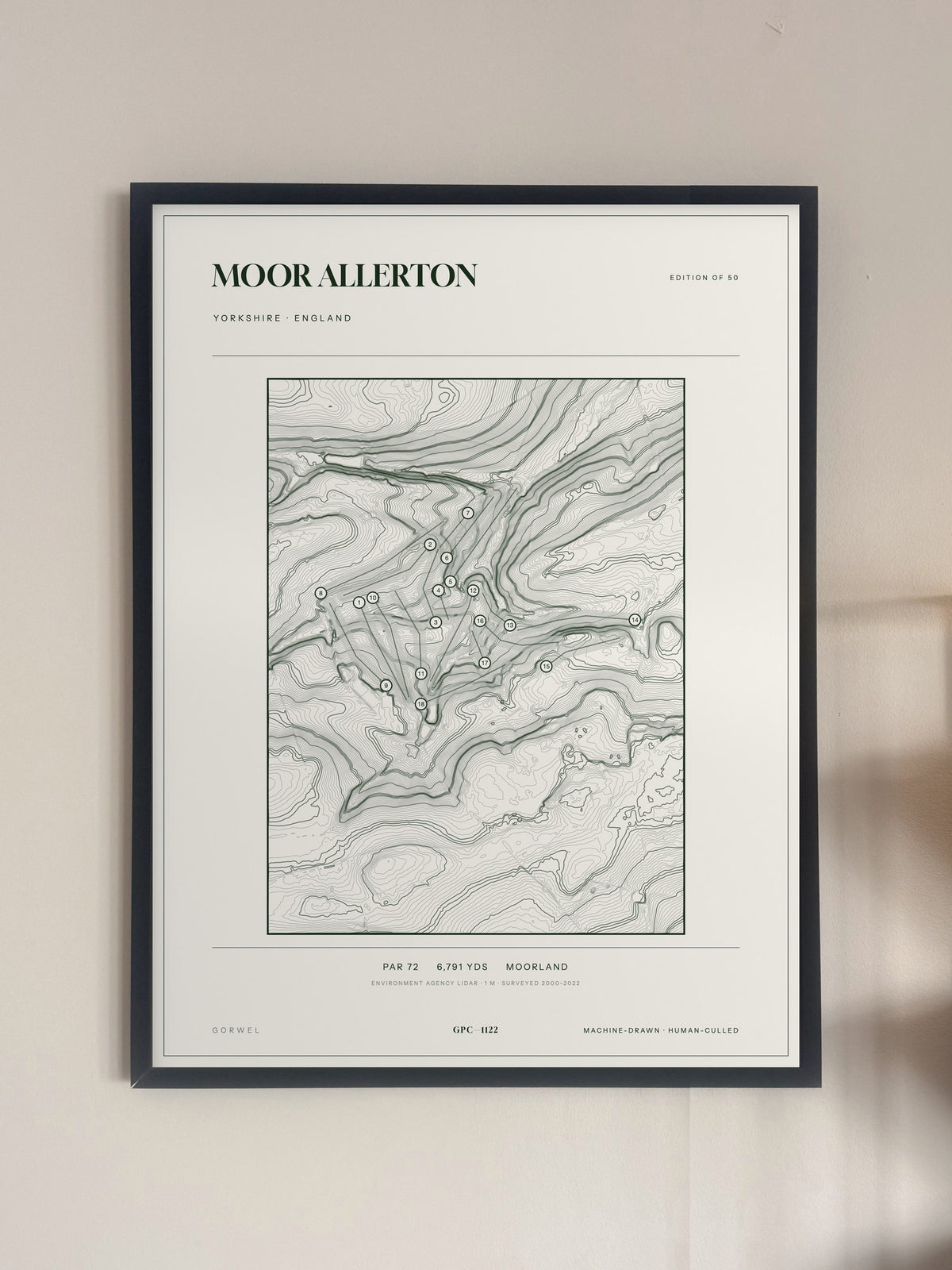 Moor Allerton topographic golf course print — framed on a wall — Gorwel Print Co