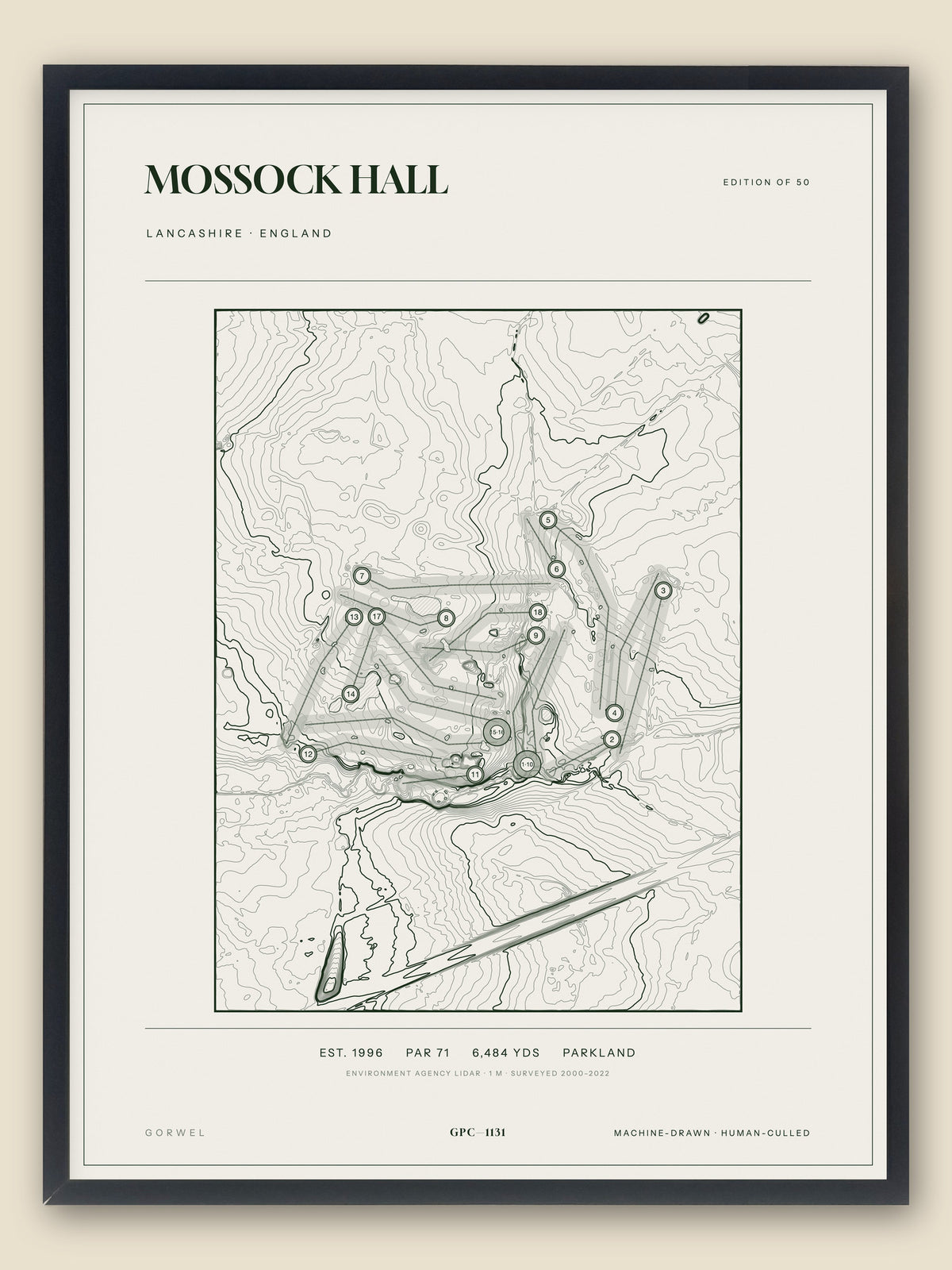 Mossock Hall, Lancashire topographic golf course print, framed — Gorwel Print Co