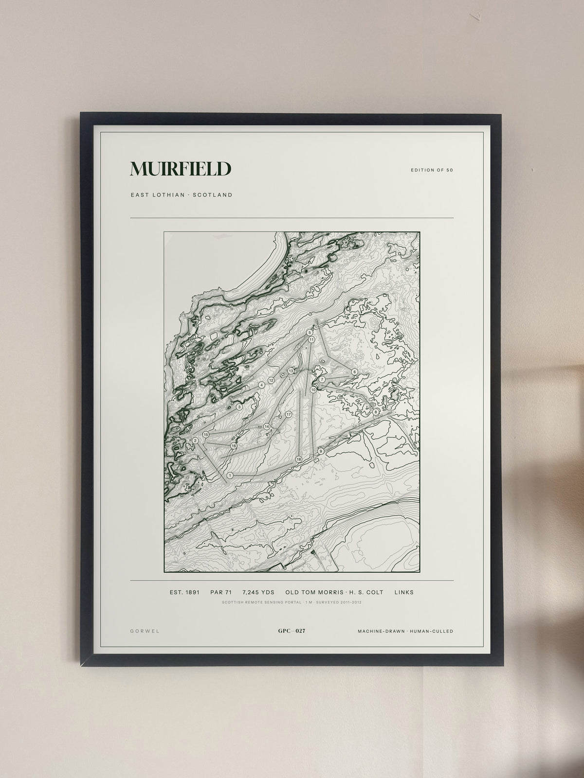 Muirfield topographic golf course print — framed on a wall — Gorwel Print Co