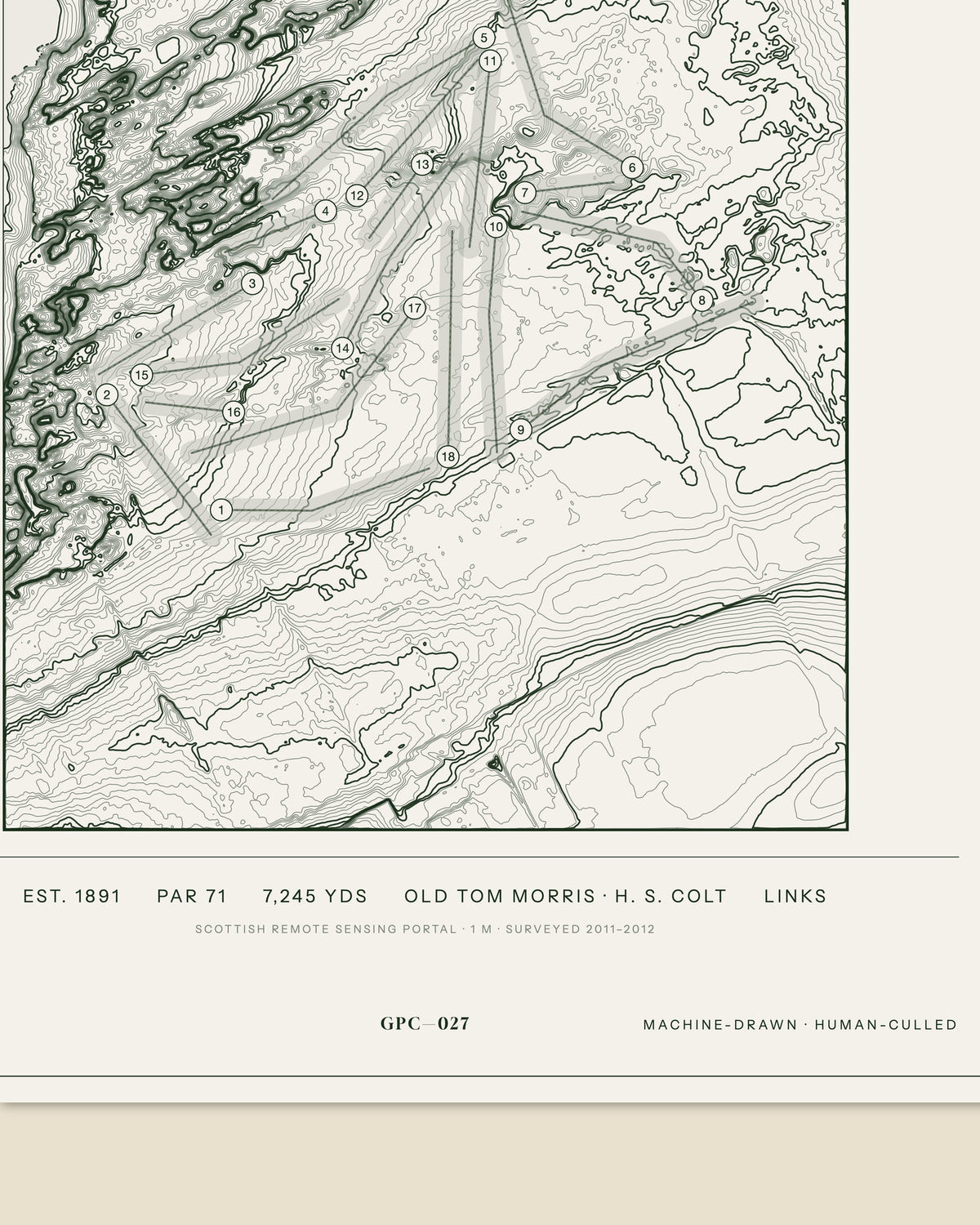 Muirfield topographic golf course print — data strip and edition mark — Gorwel Print Co